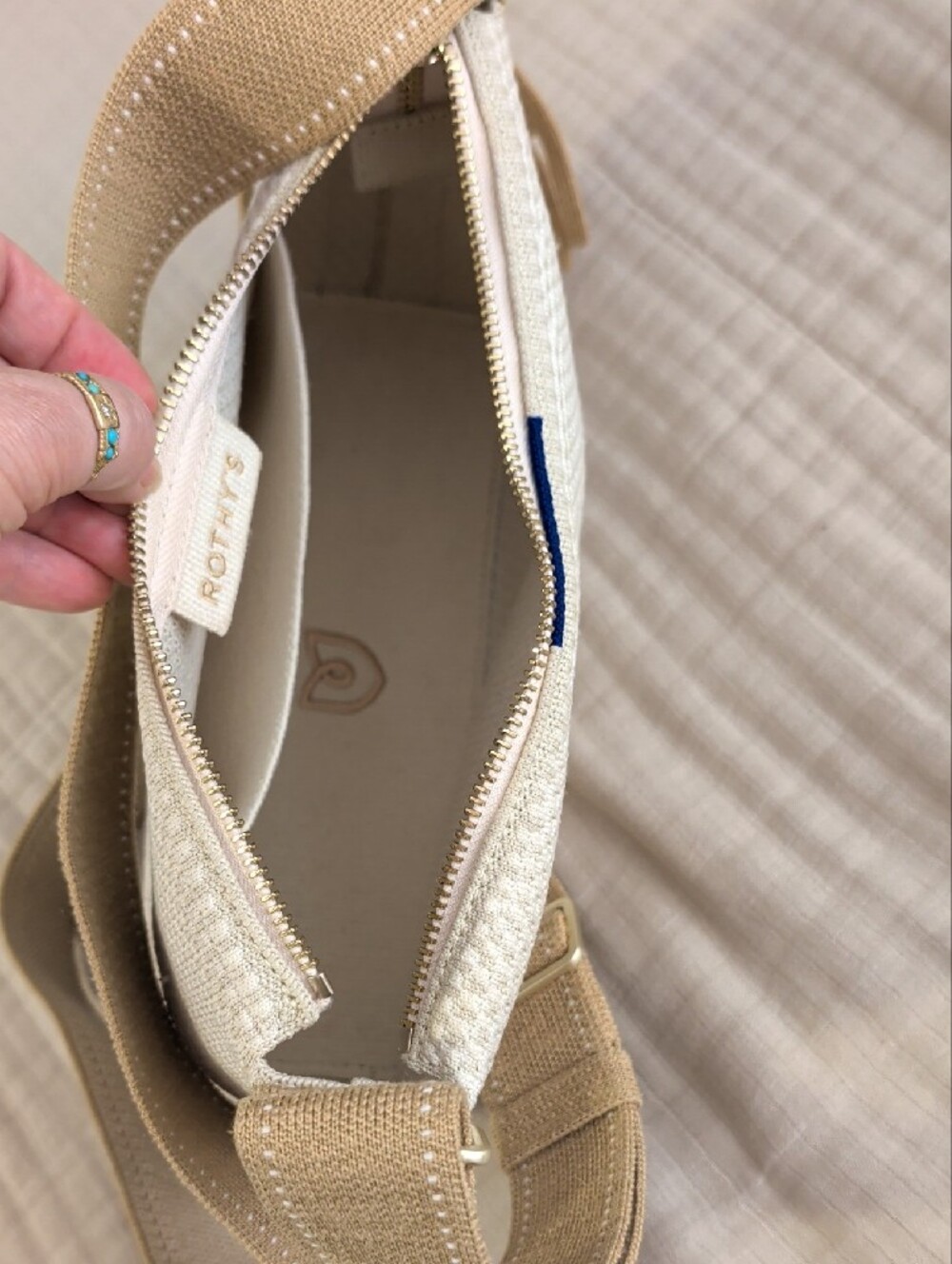 Rothy's The Casual Cream Woven Crossbody Bag with Tan Strap - Picture 4 of 8